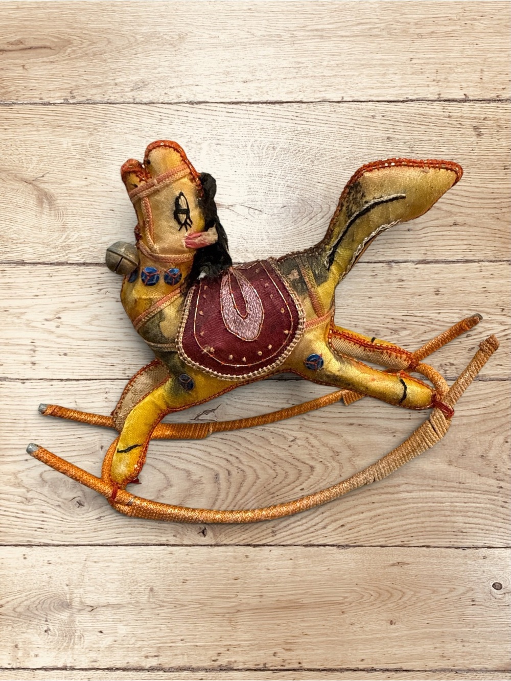 Vintage MCM Silk Rocking Horse Christmas Ornament Handmade Embroidered